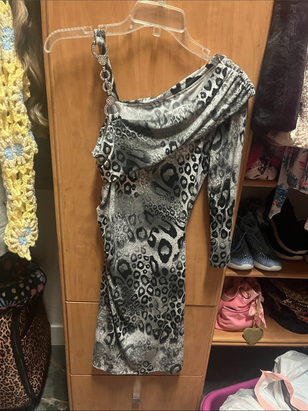 Cache One-Shoulder Animal Print Dress - Gray and Black